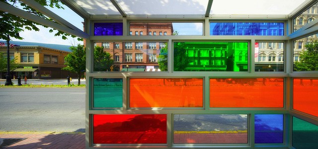 Colorful Bus Shelter located in North Adams, MA designed by Artist Victoria Palermo.  Window tint installation by Northeast Tint Co. 